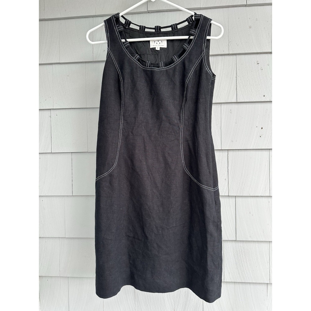 David Meister Black LInen Sleeveless Sheath Dress w/ Contrast Stitching Sz 8